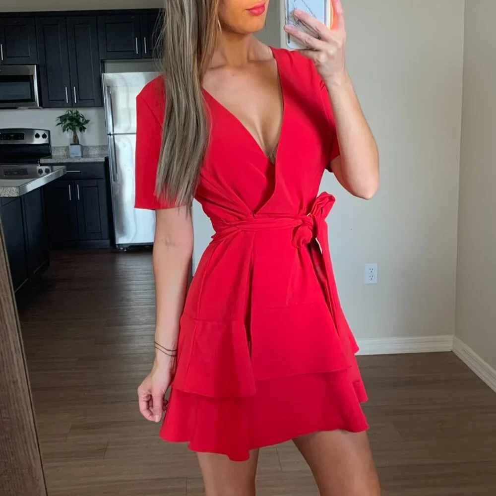 Charles Henry Red Ruffle Tiered Wrap Dress Small
